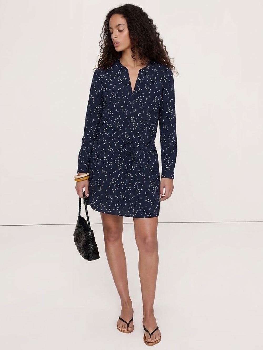 NEW Banana Republic Bird Print Dress Navy Blue SIZE 0 drawstring long sleeve